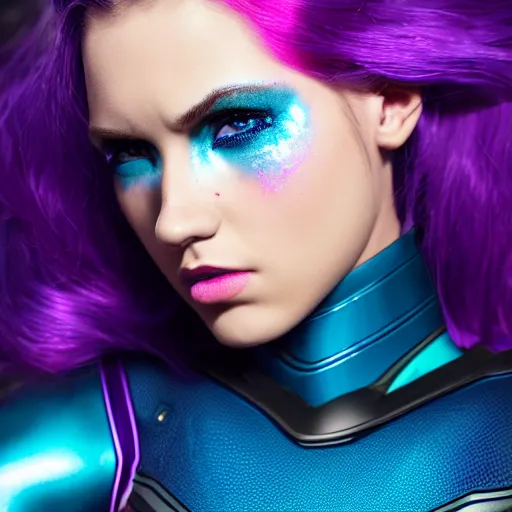 Prompt: a stunning upper body portrait of a beautiful young woman wearing futuristic navy blue and teal battle bodyarmor with pauldrons and luminescent fine lines and ombre purple and pink hairstyle with hair blowing in the wind, by marvel comics, highly detailed, fine detail, intricate, digital art, trending on artstation