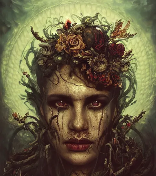 Prompt: portrait of the supreme king of the underworld, surrounded by skulls and overgrowth and dark flowers by karol bak, Tomasz Alen Kopera, James Jean, tom bagshaw, rococo, trending on artstation, cinematic lighting, hyper realism, octane render, 8k, hyper detailed.