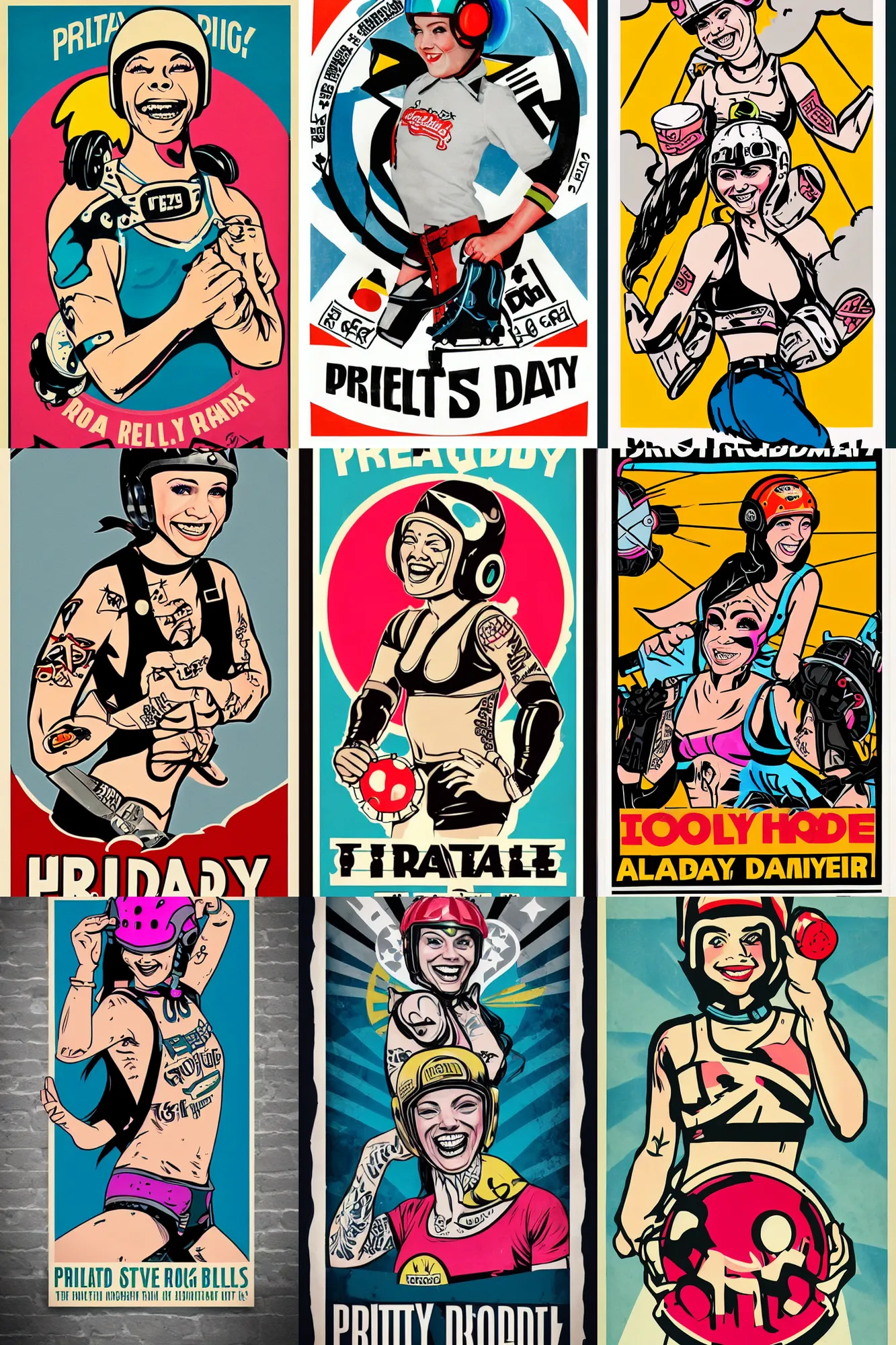 Prompt: propaganda poster, pretty roller derby girl, wearing roller derby helmet, tattoos, smile