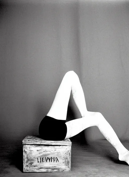 Image similar to realistic photo of a common person in white tights sitting in yoga pose in a wooden box filled with brushwood 1 9 9 0, life magazine reportage photo,