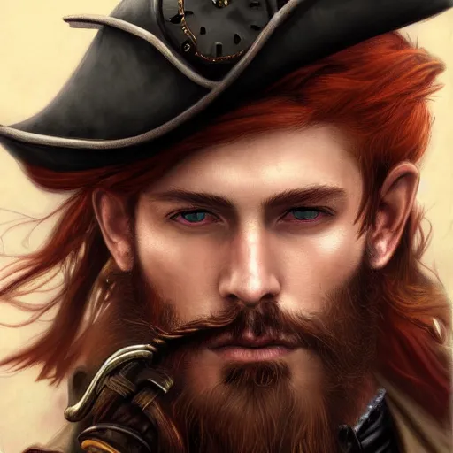 Image similar to portrait of a young rugged steampunk pirate, male, handsome, masculine, full body, red hair, long hair, soft hair, d & d, fantasy, intricate, elegant, highly detailed, steampunk, airship, digital painting, artstation, concept art, matte, sharp focus, illustration, art by artgerm and greg rutkowski and alphonse mucha