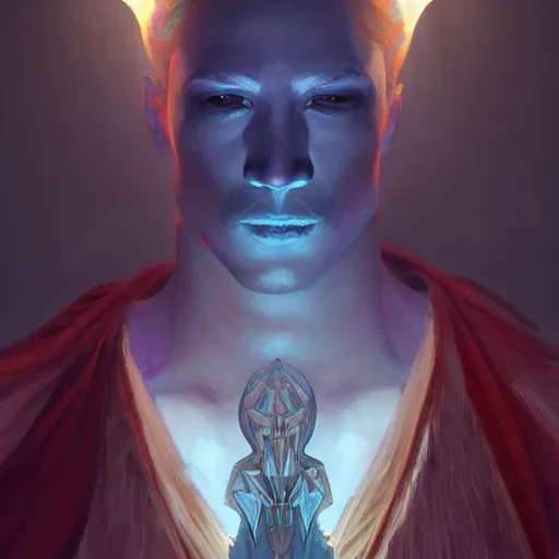 Prompt: bioluminescence portrait of a male wizard of the sun, D&D, fantasy, elegant, pale, highly dvetailed, digital painting, artstation, concept art, smooth, sharp focus, illustration, art by artgerm and greg rutkowski and alphonse mucha