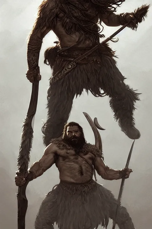 Prompt: full body portrait of a gruff ranger with a spear, lean and toned, handsome face, hairy chest and hairy body, D&D, fantasy, intricate, elegant, highly detailed, digital painting, artstation, concept art, matte, sharp focus, illustration, art by Artgerm and Greg Rutkowski and Alphonse Mucha