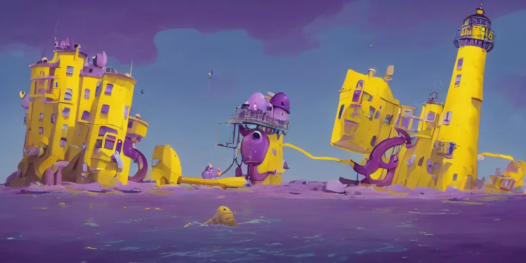 Prompt: cute purple and yellow cartoon monsters building a lighthouse by Goro Fujita and Simon Stalenhag , 8k, trending on artstation, hyper detailed, cinematic