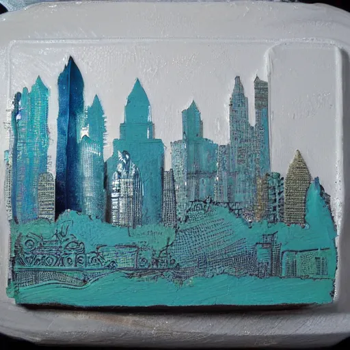 Prompt: oil on styrofoam crust - painting with melt of the city of atlanta skyline with symbolic filigree