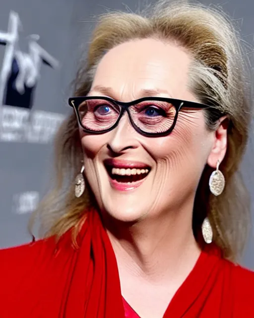 Image similar to a cursed image of meryl streep seen from a distance in a dark, empty swimming pool with water slides, really scary, looking this way.