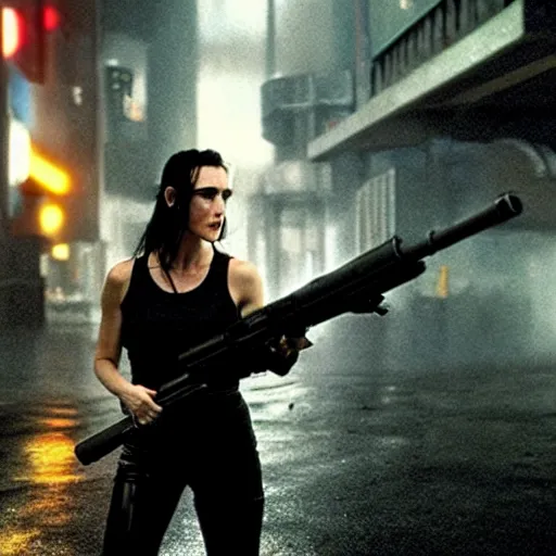 Image similar to jennifer connelly starring in a cyberpunk movie in a distopic futuristic city in the style of bladerunner, wearing a cropped black tank top, black shorts and black boots, firing a gun, muzzle flash, movie still, highly detailed, rainy night, volumetric lights, dramatic, scifi, sharp focus