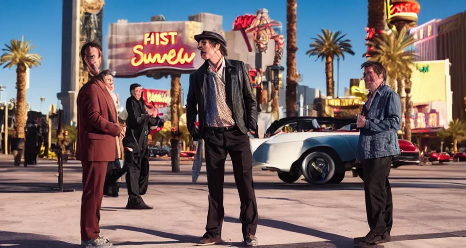 Prompt: first image comedy heist movie starring jim carrey and eddie murphy, sundance official selection. shot on the las vegas strip with alexa mini, stunning cinematography, golden hour, filmgrain.