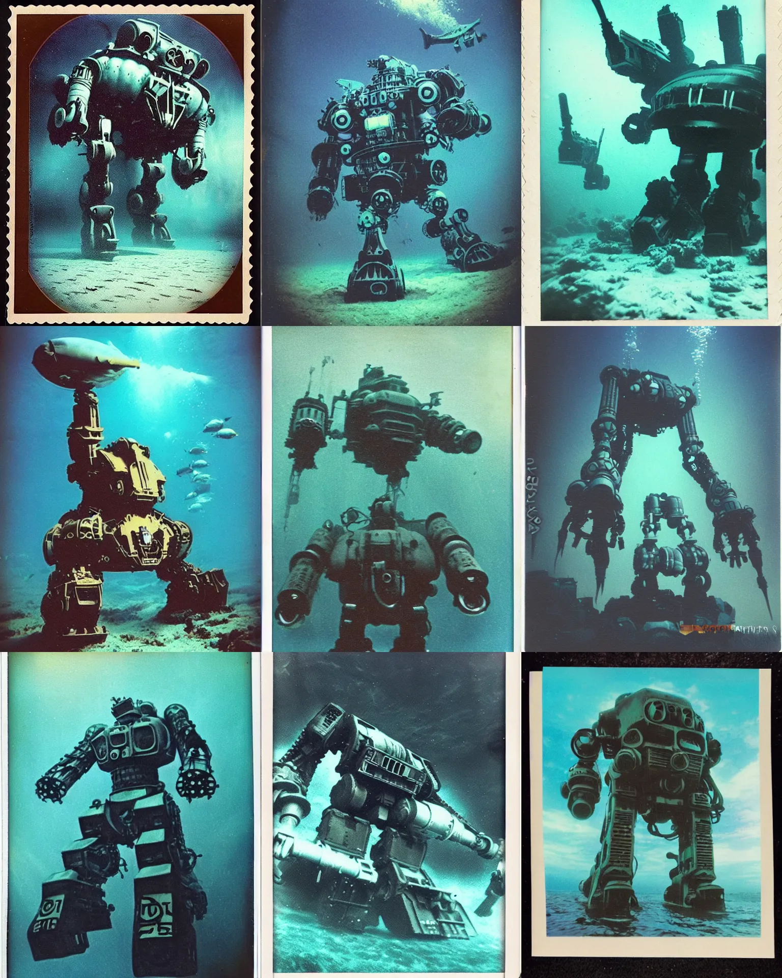 Prompt: deep underwater giant oversized battle nazi mech , color polaroid underwater Deep sea picture