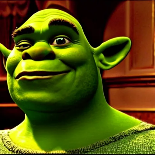 Image similar to movie still, shrek as michael in the godfather, realistic photo, 1 9 8 0, old movie