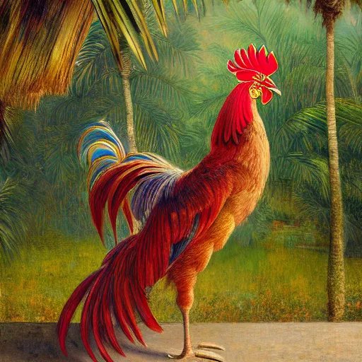 Prompt: a ultradetailed beautiful painting of a rooster in the amazonas palace balustrade designed by jules bastien - lepage, hans belmer, frank weston and gustave baumann, beach, trending on artstation, mediterranean, palm trees, refracted color sparkles, sharp focus, soft light, 8 k 4 k