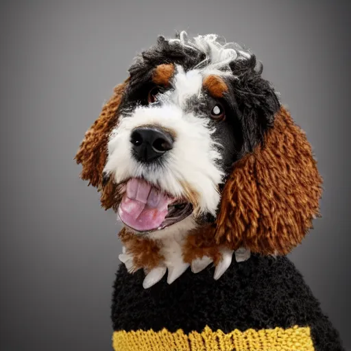 Image similar to a closeup photorealistic photograph of a cute smiling knitted bernedoodle judge dog dressed in a black gown, presiding over the courthouse. indoor image, professional capture, well lit shot. this 4 k hd image is trending on artstation, featured on behance, well - rendered, extra crisp, features intricate detail, epic composition and the style of unreal engine.