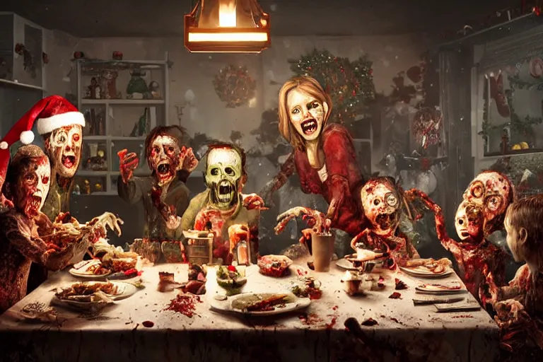 Prompt: a zombie family christmas dinner, hyper realistic, ambient lighting, concept art, intricate, hyper detailed, smooth, dynamic volumetric lighting, octane, cinematic