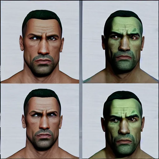 Prompt: dwayne the rock johnson with red eyes small green hair in gta 5 style ultra 4k resoulution