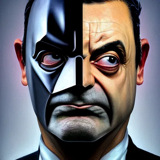 Image similar to hyperrealistic mixed media high resolution painting of (Rowan Atkinson) disguised as !!Batman!!, stunning 3d render inspired art by Jamie Salmon and István Sándorfi and Greg Rutkowski, perfect facial symmetry, dim volumetric lighting, 8k octane beautifully detailed render, full body shot, post-processing, extremely hyper-detailed, intricate, epic composition, highly detailed attributes, highly detailed atmosphere, cinematic lighting, masterpiece, trending on artstation, very very detailed, masterpiece, stunning, flawless completion, lifelike texture, perfection,