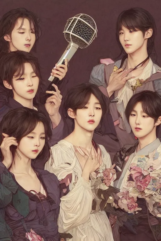 Image similar to beautiful cottagecore bts k-pop band holding a microphone. intricate, elegant. highly detailed, digital painting, artstation, concept art, smooth, sharp, focus, illustration. . art by artgerm and greg rutkowski and alphonse mucha