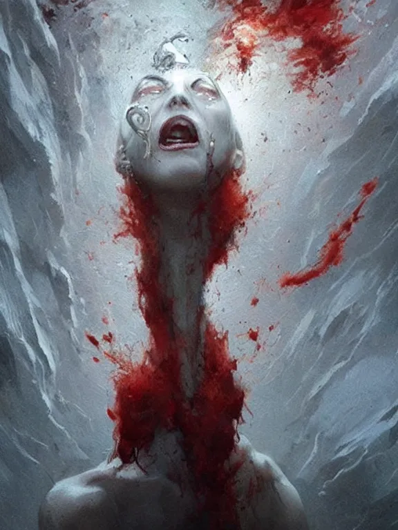 Prompt: painting by greg rutkowski a flying human head with tears running down it's face face that is chalk white in color, with long white!! tentacles!! stemming from it's neck, fiery scorching red eyes, flying in a terrying hellish dark cavernous place