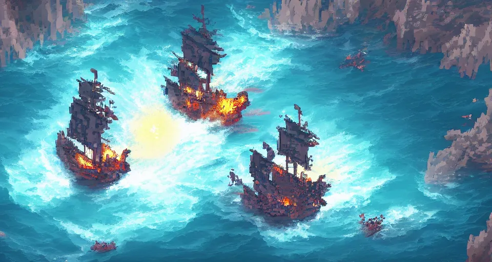 Prompt: Pixelart of a pirates battles in the ocean, volumetric lighting, digital pixel art, pixiv, by Aenami