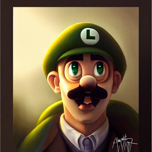 Image similar to hyper realistic, portrait of a mega derpy luigi by greg rutkowski, scott m fischer, artgerm, loish, slight glow, atmospheric, anne stokes, alexandros pyromallis