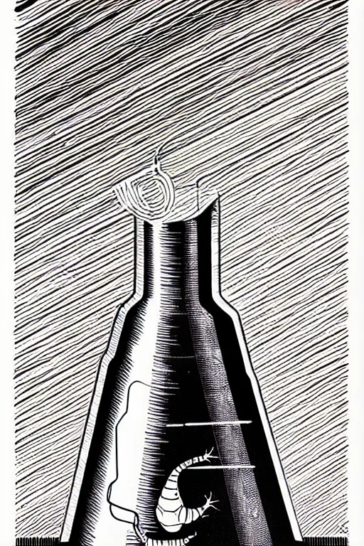 Image similar to an erlenmeyer flask with a caterpillar inside, bold line art, by vincent di fate inking, etching, screen print, masterpiece, sharp, high contrast, hyper - detailed, hd, 4 k, 8 k