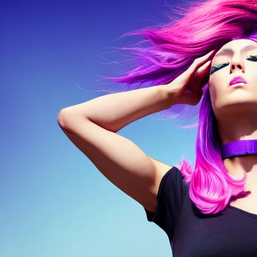 Image similar to a award winning action upper body portrait of a beautiful woman with a ombre purple pink hairstyle with head in motion and hair flying, choker, outrun, vaporware, vivid colors, highly detailed, fine detail, intricate