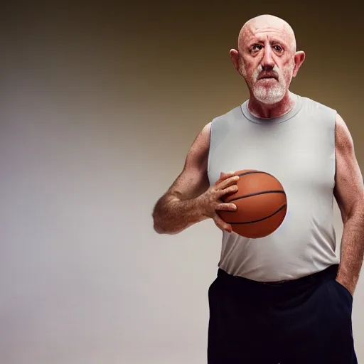 Image similar to mike ehrmantraut from breaking bad playing basketball at a desert, professional photography, cinematic, hd