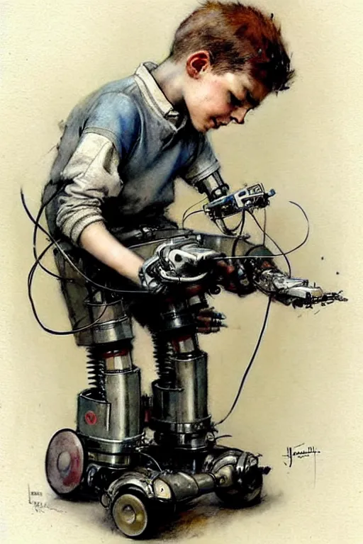 Prompt: (((((1950s a boy working on his robot . muted colors.))))) by Jean-Baptiste Monge !!!!!!!!!!!!!!!!!!!!!!!!!!!