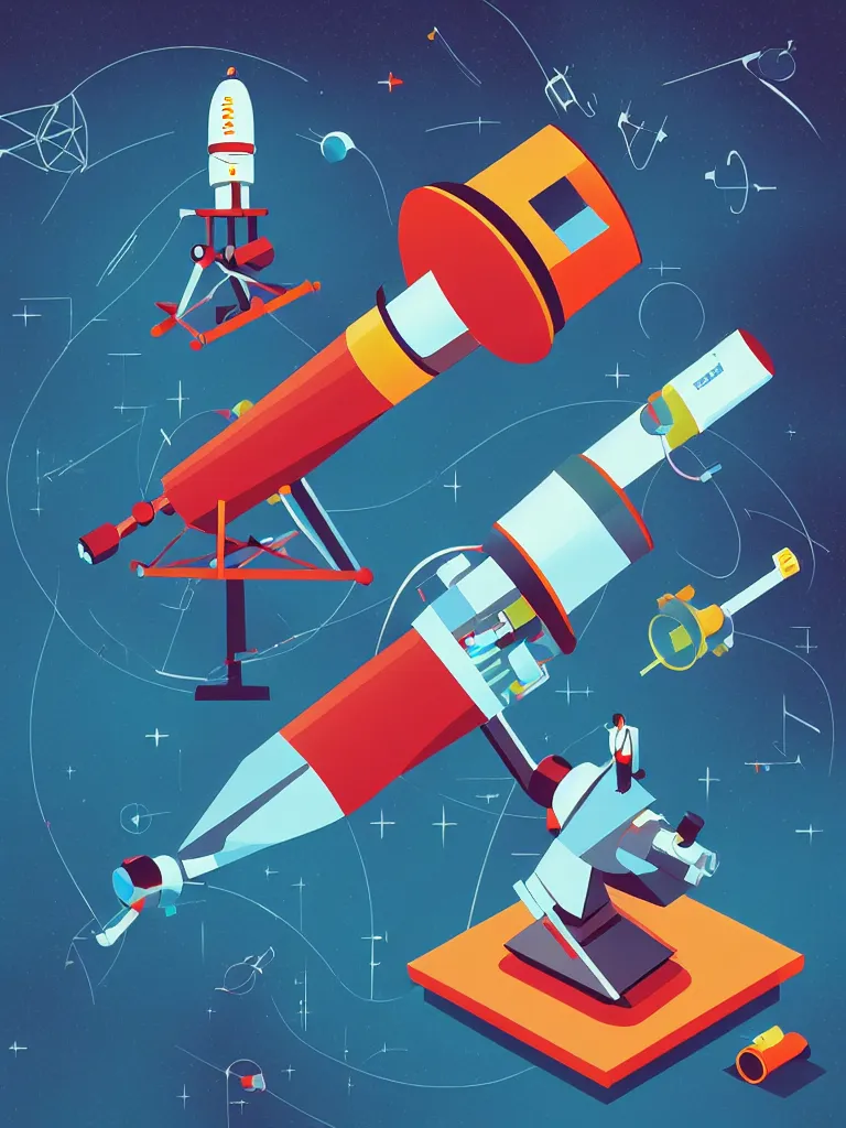 Image similar to editorial illustration scientific lab test tube telescope microscope spaceship, dynamic composition, detailed, matte print, dynamic perspective, colorful modern, mads berg