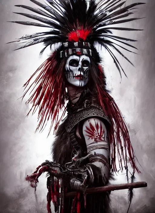 Image similar to the ghost - spirit of the grim - warpaint wears the scarlet skull armor and native blood headdress feathers, midnight fog - mist!, dark oil painting colors, realism, cinematic lighting, various refining methods, micro macro autofocus, ultra definition, award winning photo