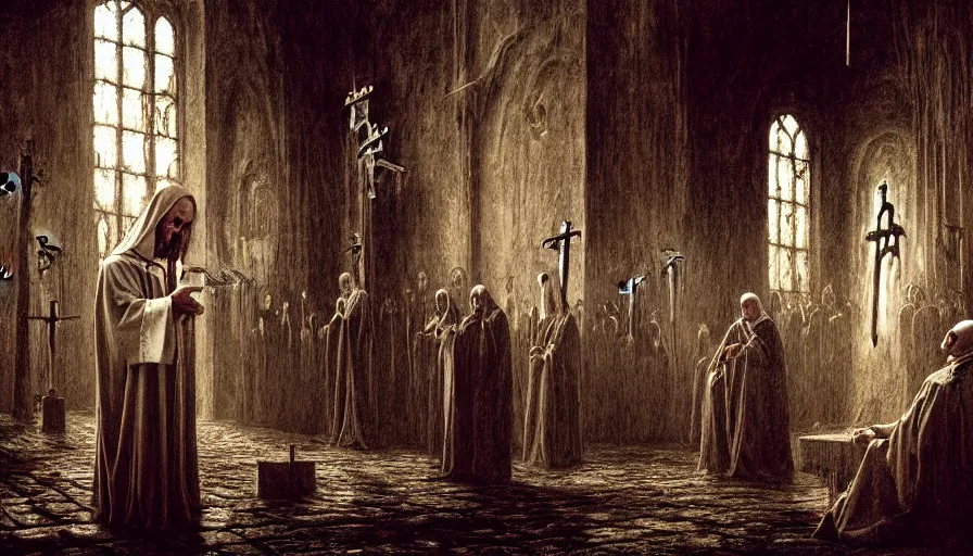 Image similar to dark rotting priest conducts rite of baptism, death church, blood, crosses, religion, death, fear, horror, ultra realistic, hyperrealism, perfect faces, fine details, detailed and intricate environment, by barlowe, by wayne, by gigger, 4 k