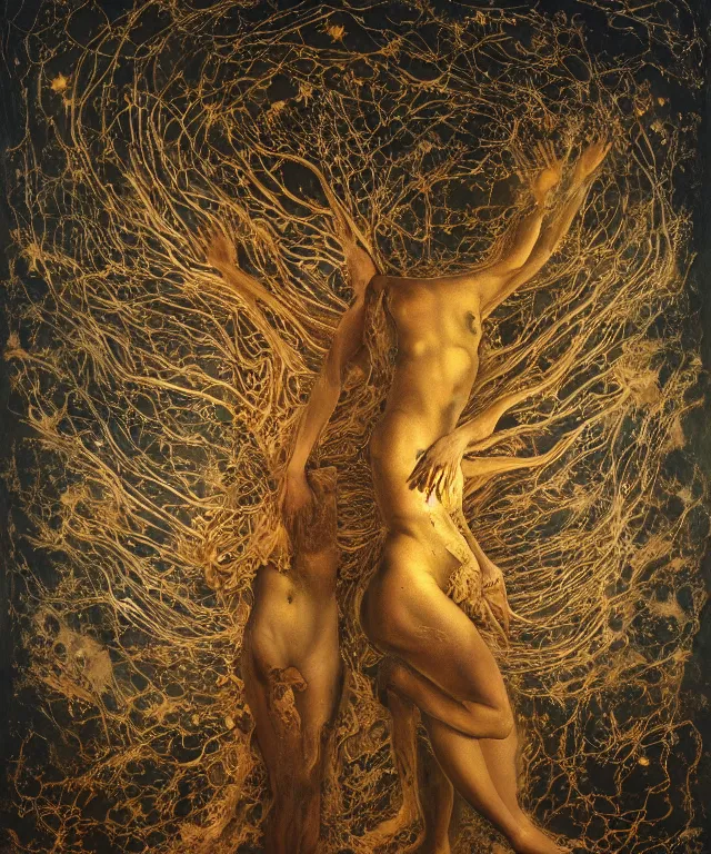 Prompt: Beautiful full-body wax sculpture of a glowing transparent infinite plant with women faces as leaves with visible gold bones covered with melted white wax inside the singularity where stars becoming baroque folds of dark matter by Michelangelo da Caravaggio, Nicola Samori, William Blake, Alex Grey and Beksinski, dramatic volumetric lighting, highly detailed oil painting, 8k, masterpiece