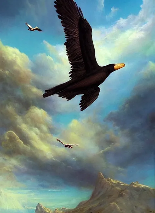 Image similar to a beautiful painting of a condor flying in the sky, matte painting, fantasy art