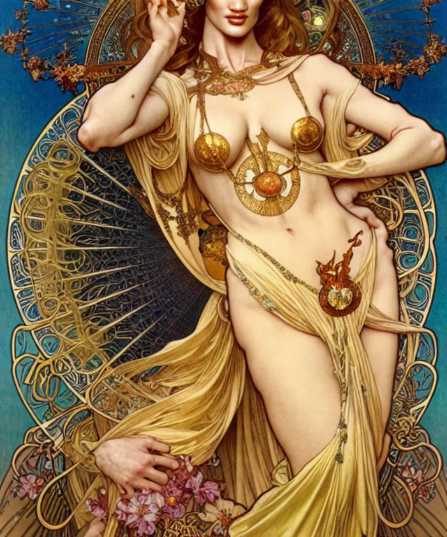 Prompt: realistic detailed face portrait of rosie huntington - whiteley as goddess of orhids wearing a golden outfit by alphonse mucha, ayami kojima, amano, greg hildebrandt, and mark brooks, male, art nouveau, neo - gothic, gothic