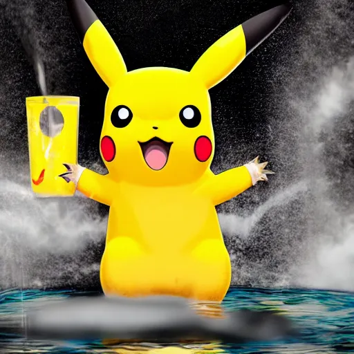 Prompt: Pikachu shooting water out of his hands and mouth 4k