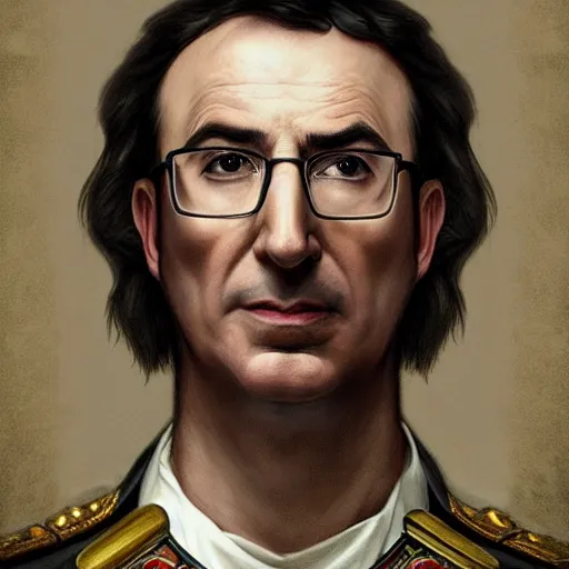 Image similar to portrait of stoic looking john oliver as the vigo carpathian painting, military uniform, fantasy, intricate, elegant, highly detailed, centered, dark, smokey, digital painting, artstation, concept art, smooth, sharp focus, illustration, art by artgerm and greg rutkowski and alphonse mucha