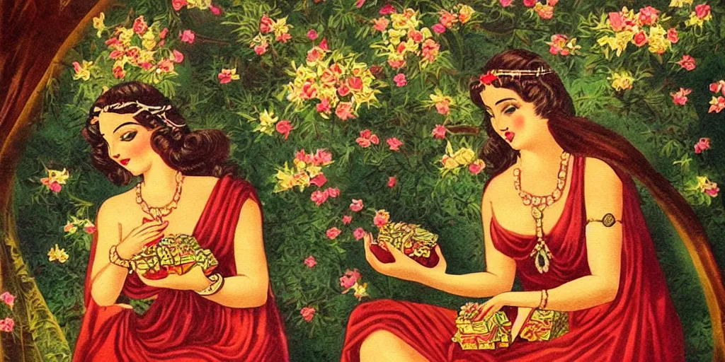 Prompt: vintage beautiful painting of goddess' gifts