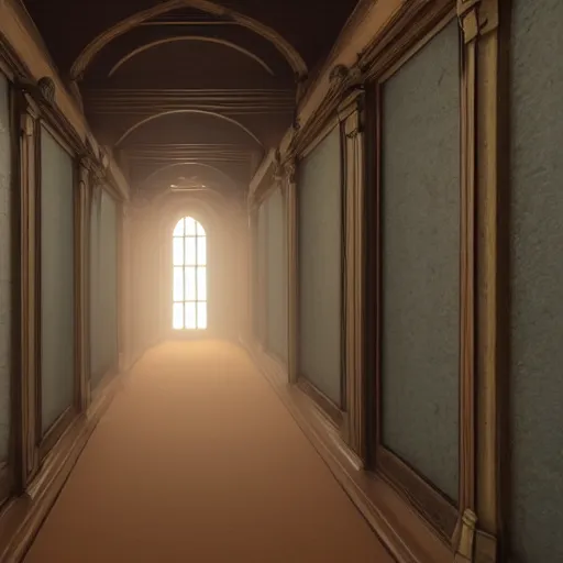 Prompt: inside a victorian hallway with bookcases on the walls, sunlight shines through the stained glass windows and produces rays of light in the dust and shadow of a cross, ray traced unreal 5, ultra details