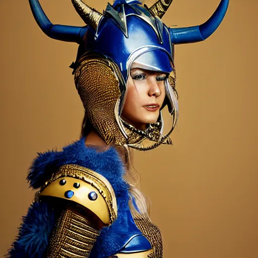 Image similar to close up headshot of a woman in elaborate blue and gold armor with spiked horns on her helmet, cosplay, photoshoot, photograph by Bruce Weber