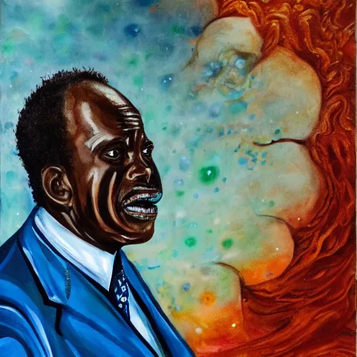 Image similar to a painting of a fatherly wide forehead, round face, XXL , loving, caring, generous, ever-present, humble, wise elder from Kenya in a suit by Wangechi Mutu . Fatherly/daddy, focused, loving, leader, relaxed. blue background, ethereal lights, details, smooth, sharp focus, illustration, realistic, cinematic, artstation, award winning, rgb , unreal engine, octane render, cinematic light, macro, depth of field, blur, , highly detailed epic cinematic concept art CG render made in Maya, Blender and Photoshop, octane render, excellent composition, dynamic dramatic cinematic lighting, aesthetic, very inspirational, arthouse.