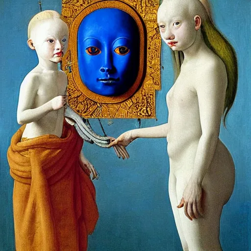 Image similar to portrait of albino girl with blue eyes, with beautiful exotic, archaic, prehistoric, Balinese mask, sculpture. Painting by Jan van Eyck, Audubon, Rene Magritte, Agnes Pelton, Max Ernst, Walton Ford,