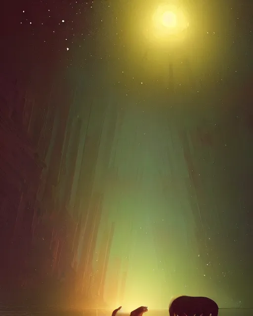 Image similar to white capybara under a sky full of stars, surreal photography, volumetric light, impressionist painting, digital painting, artstation, kilian eng, john harris, bastien lecouffe - deharme, simon stalenhag