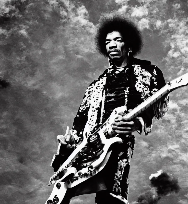 Image similar to temple ultrawide angle photography, jimi hendrix full body shot, 8 k