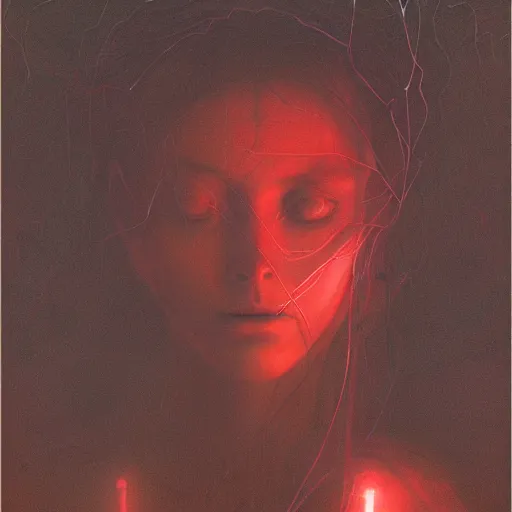 Prompt: Portrait Masterpiece, Wanda Maximoff, faded, red, glowing, wires everywhere, by Edgar Maxence and Ross Tran, Zdzisław Beksiński, and Michael Whelan, distant, gustav dore, H.R. Giger, 8k, octane render