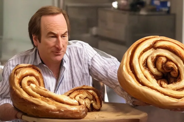 Prompt: Bob odenkirk wrapped in a giant cinnamon bun