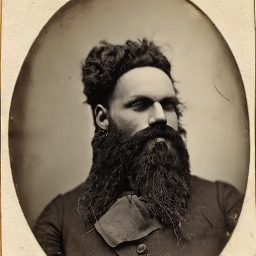 Prompt: daguerrotype of a bearded man wearing futuristic clothes, dreadlocks 1 9 0 0