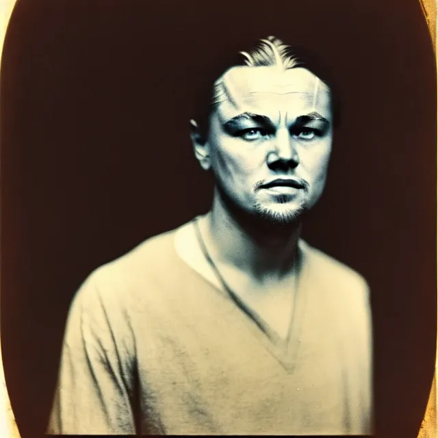 Image similar to a vintage photograph of Leonardo DiCaprio by Julia Margaret Cameron, portrait, 40mm lens, shallow depth of field, split lighting