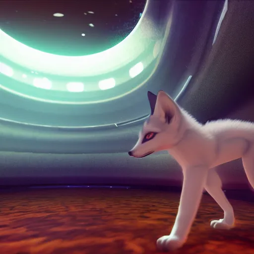 Prompt: a photography of a kitsune fox inside a spaceship, realistic unreal engine 5