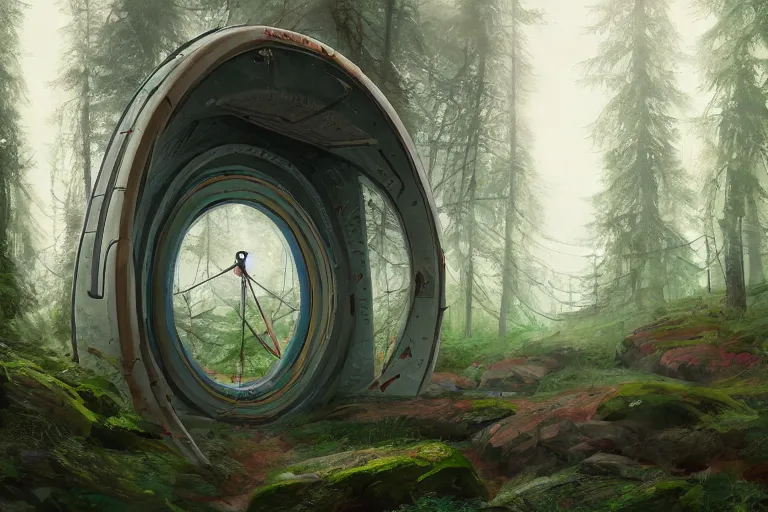 Prompt: A stargate found in a forest just outside a Norwegian city in Norway, very detailed digital art, pretty colors, muted colors, in the style of Simon Stalenhag and Wes Anderson, beautiful colors, very high resolution, trending on Artstation