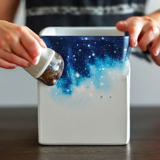 Prompt: The milky way galaxy being poured out of a milk carton