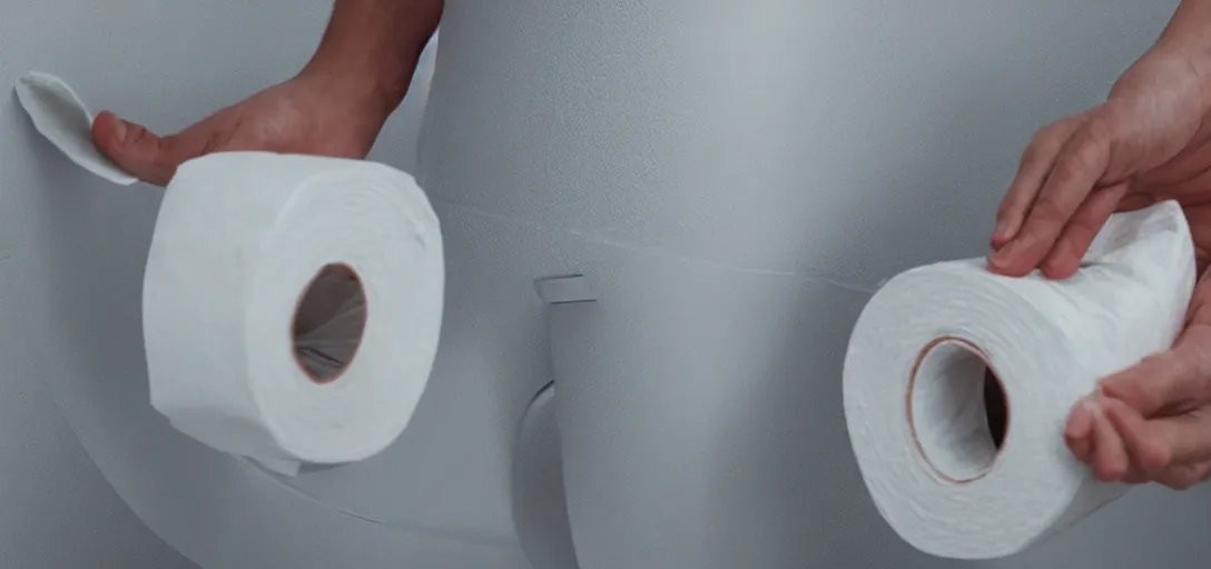 Prompt: First Person View of a video game character holding toilet paper, very realistic, 4K